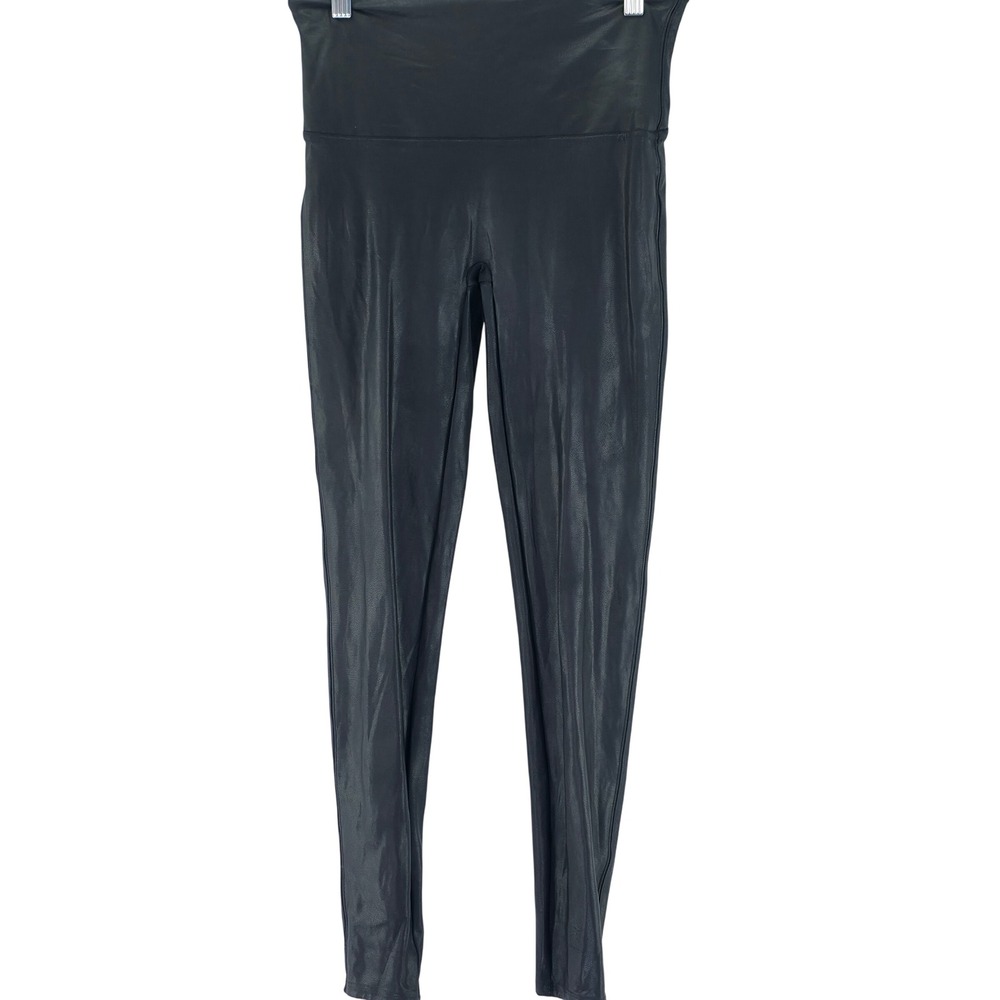 Spanx Faux Leather Leggings Womens Large Black High Waisted Slimming Compression